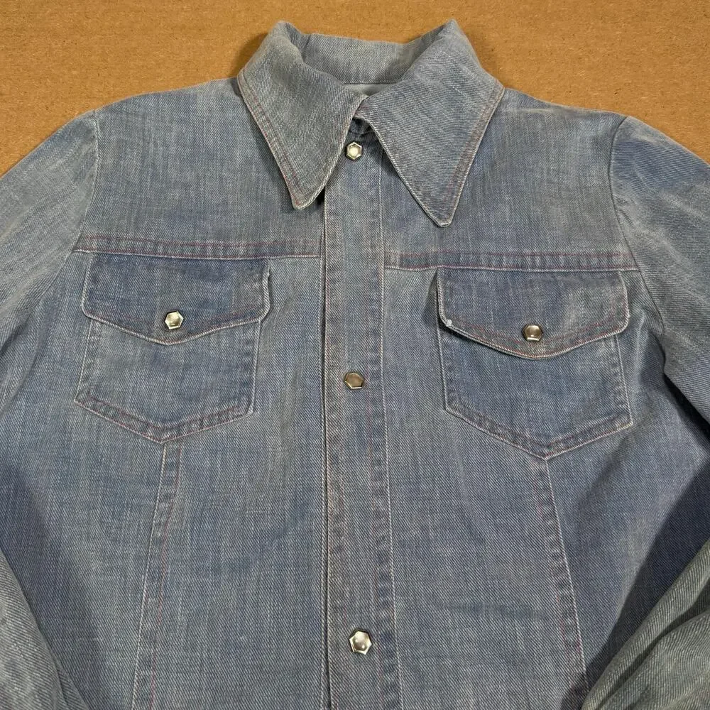 Vintage 1950s Denim Western Work Shirt Snap Button Single Stitch Ranch Faded S